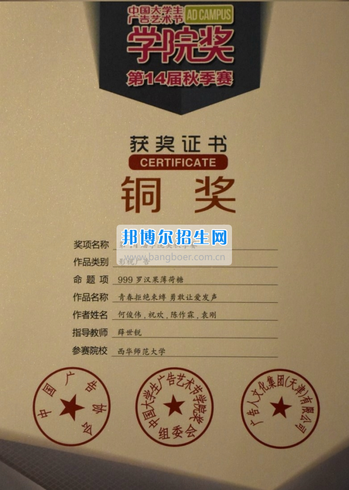 西华师范大学学子喜获中国大学生广告艺术节“学院奖”铜奖