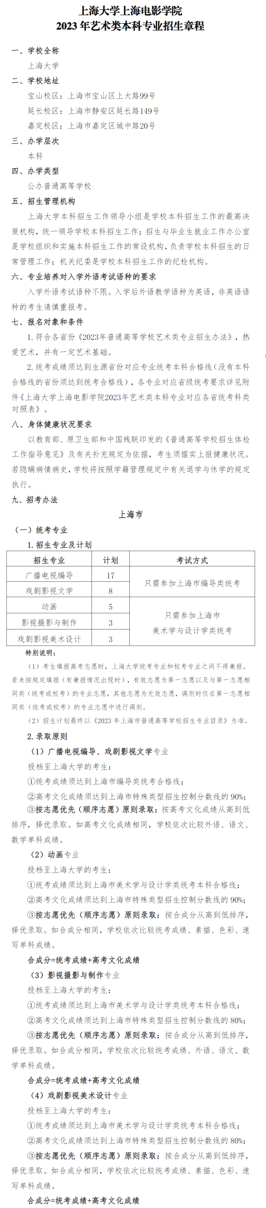 2023年上海大学上海电影学院艺术类招生章程