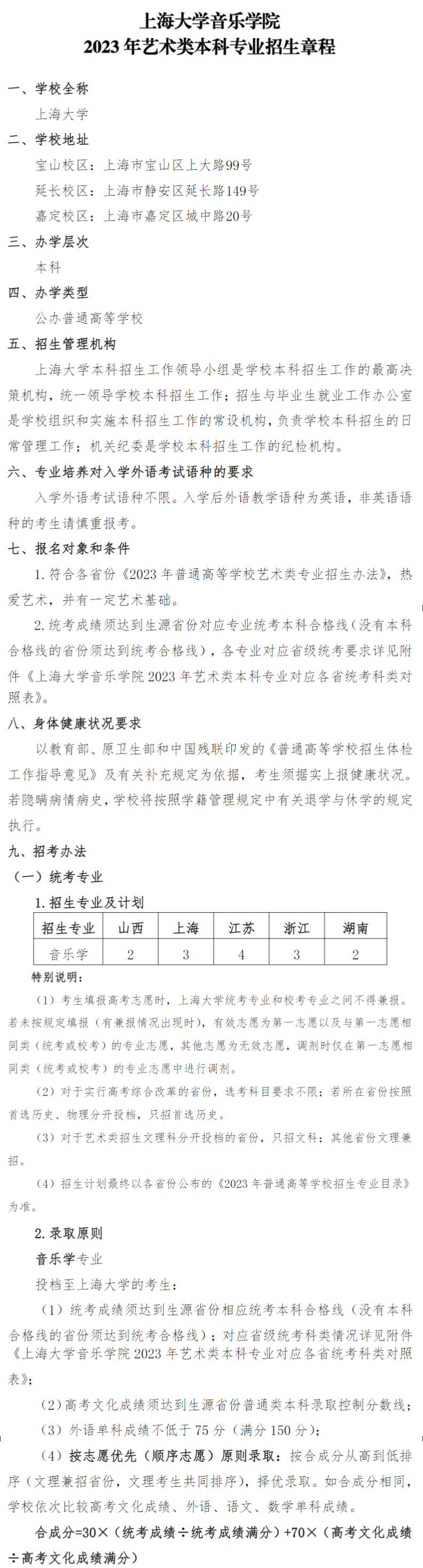 上海大学音乐学院艺术类招生章程2023年