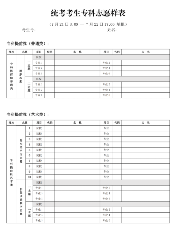 北京高考志愿填报表格电子版2024年级