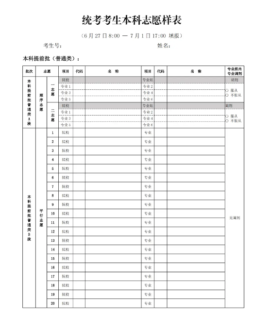 北京高考志愿可填多少个专业 附志愿填报的样本模板